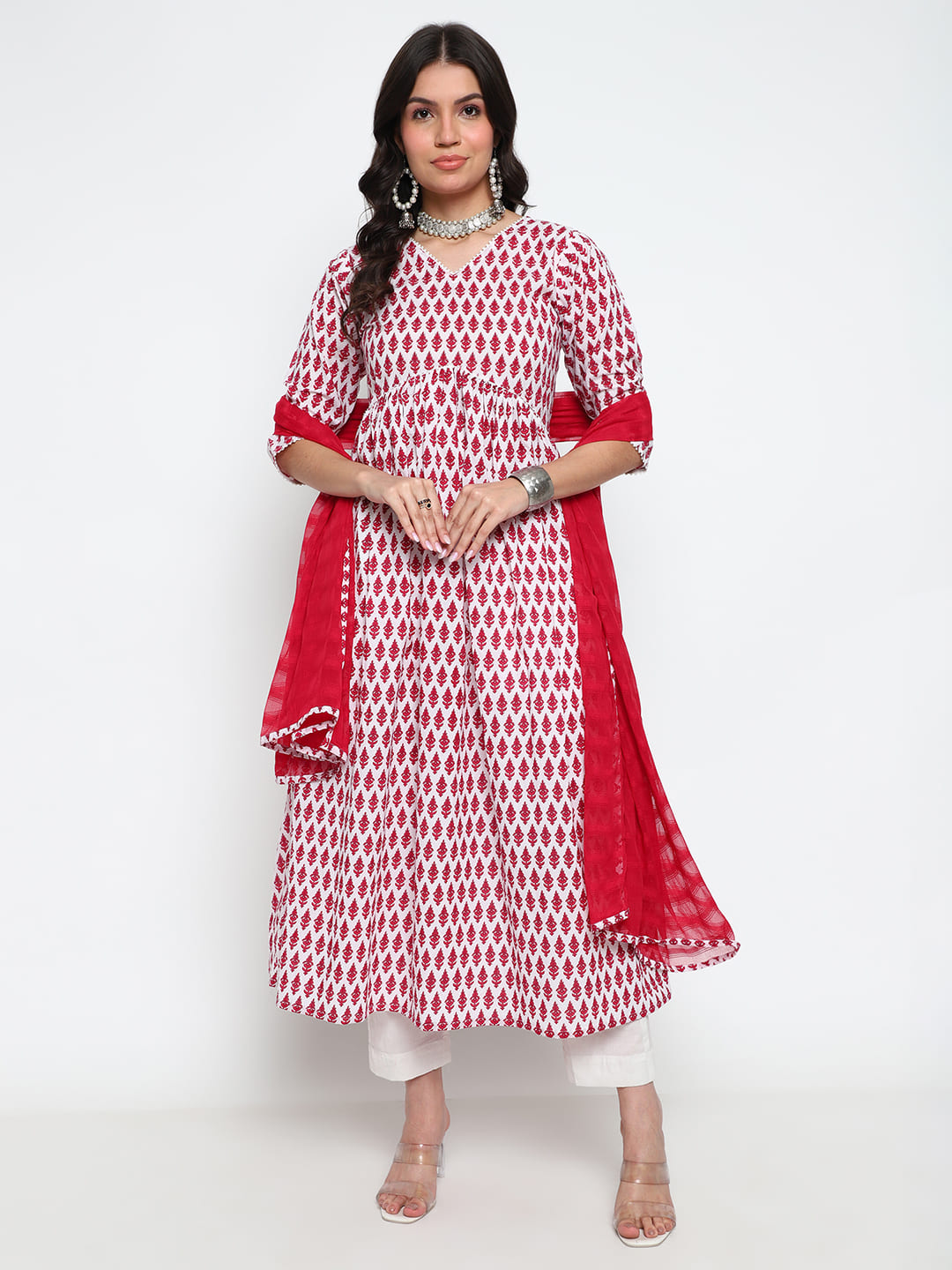 White & Red Ethnic Motif Printed Kurta Set With Dupatta