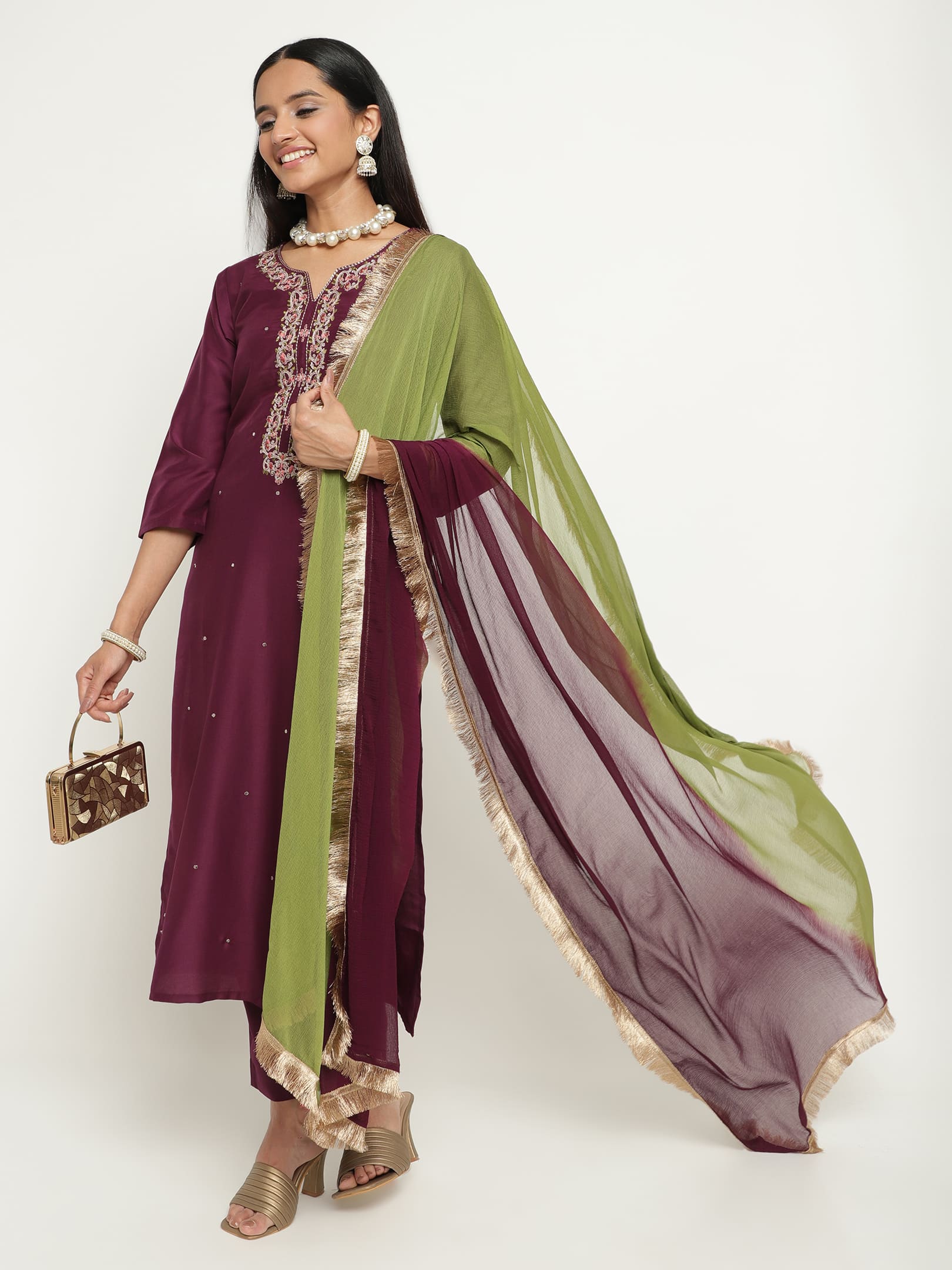 Wine Purple Art Silk Embroidered Kurta Set with Dual Tone Dupatta