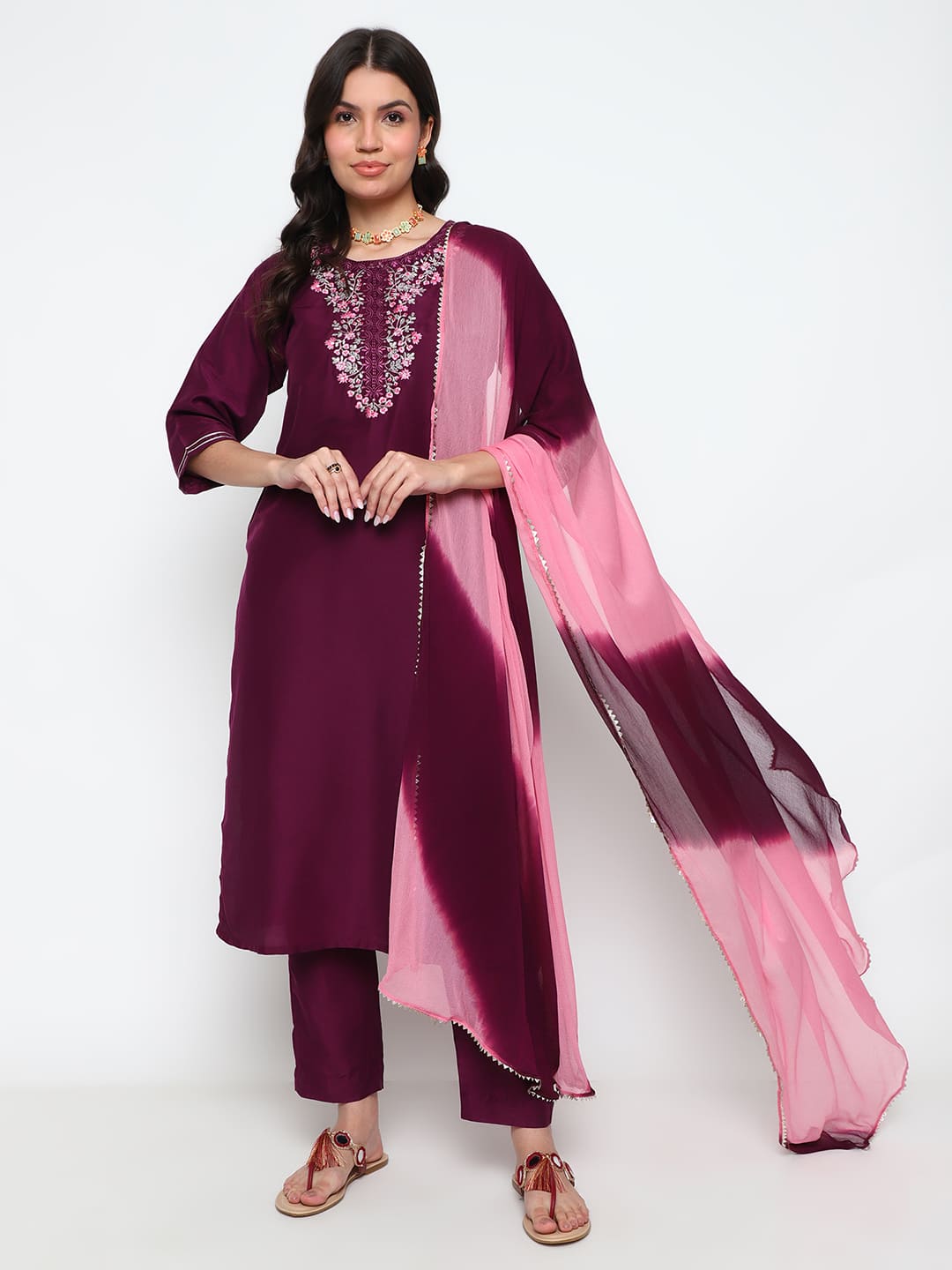 Wine Purple Chinnon Kurta Set with Dupatta