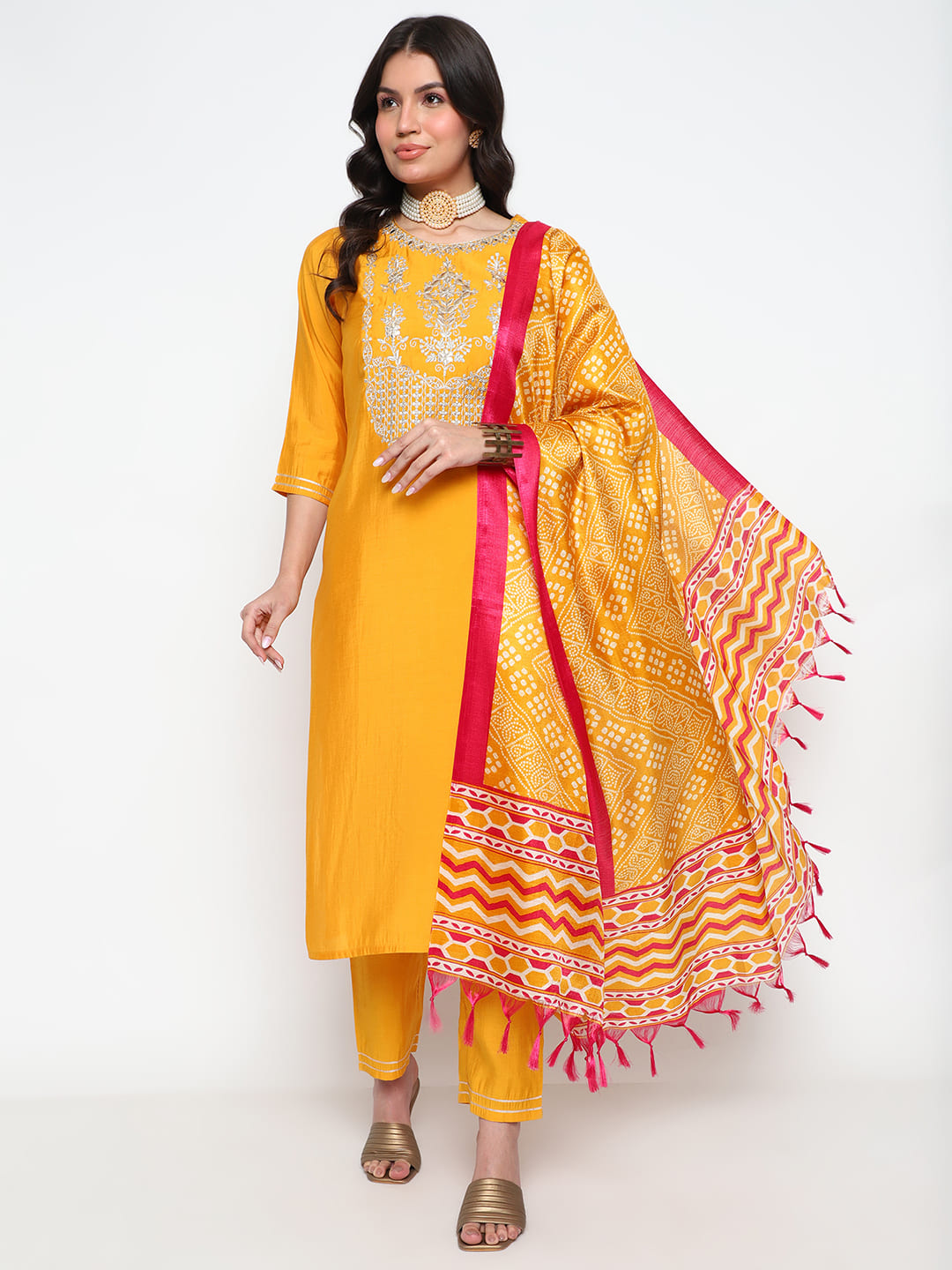 Yellow Viscose Blend Kurta Set with Printed Dupatta